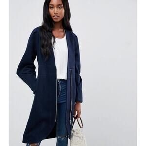 YAS Apparel Yaspetra Long Navy Wool Blend Collarless Front Zip up Coat Size XL